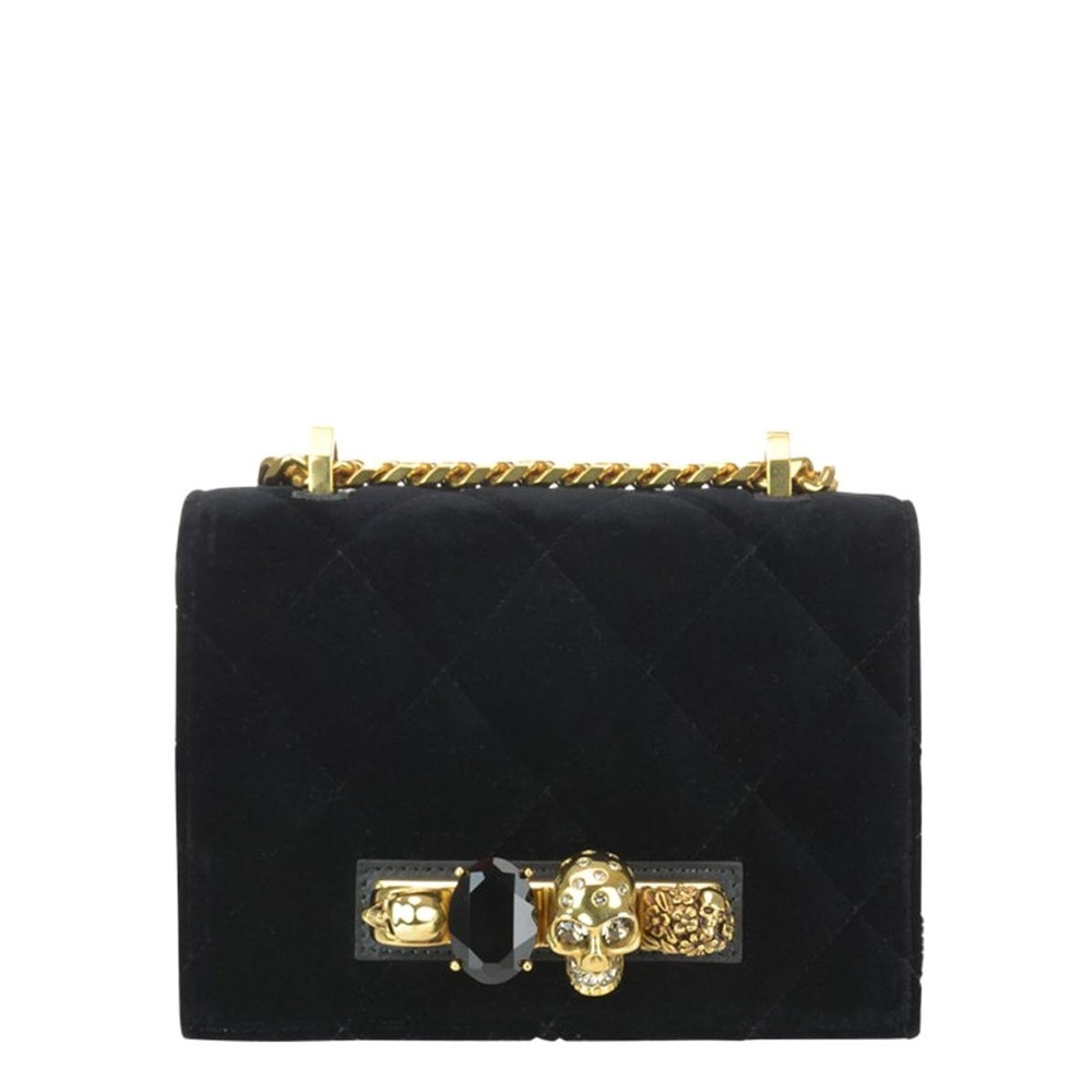 Alexander McQueen Black Quilted Velvet Shoulder Bag with Gold Hardware